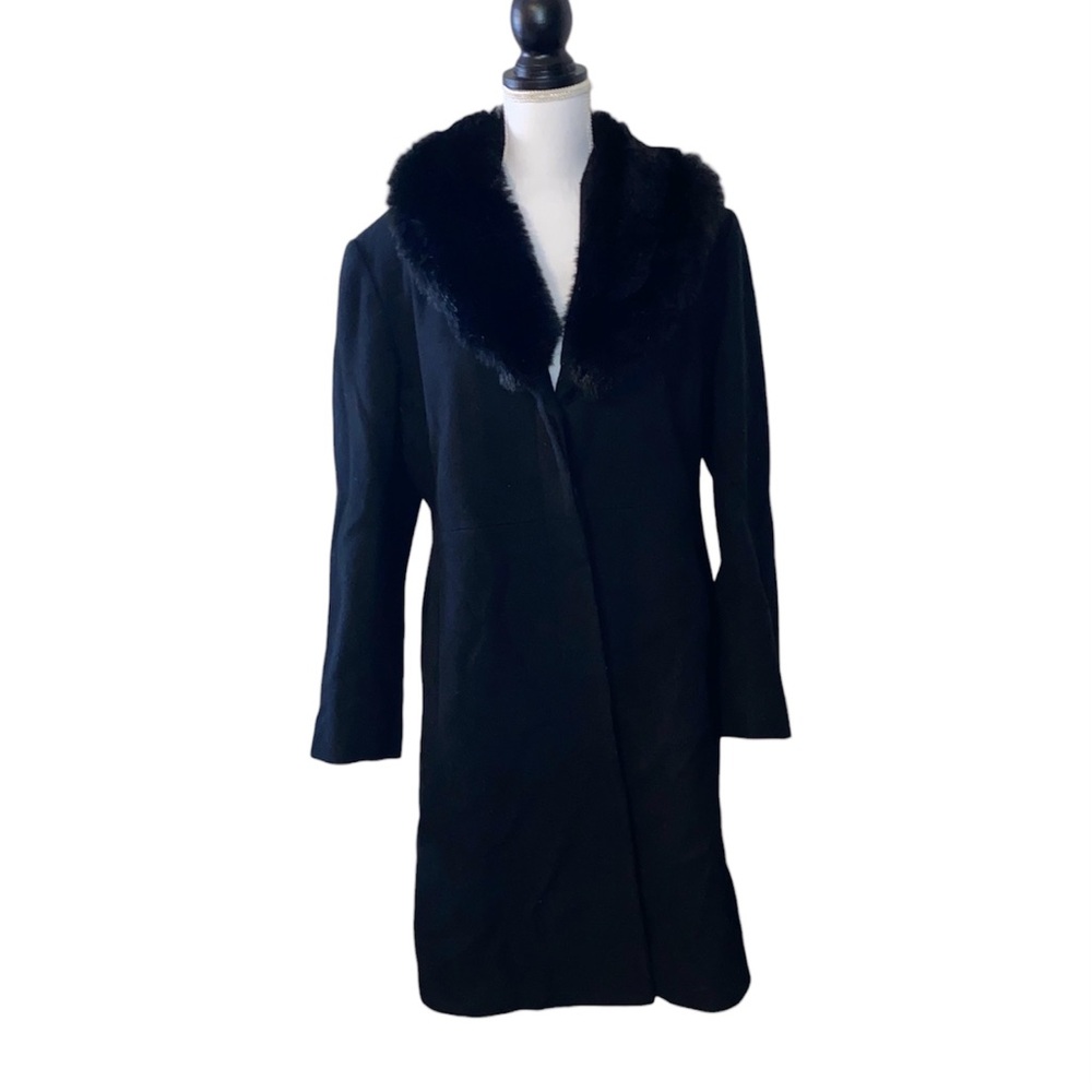 Braetan Wool Blend Faux Fur Collar Long Winter Black Coat Women’s Large